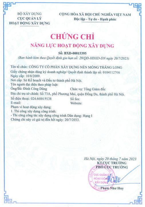 Chứng chỉ năng lực hoạt động xây dựng số BXD-00015395