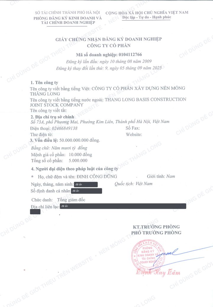Giấy chứng nhận đăng ký doanh nghiệp Công ty Cổ phần Xây dựng Nền móng Thăng Long, mã số doanh nghiệp 0104112766